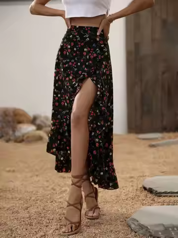 Women's Summer Boho Ruffle Skirt, High Slit Long Regular Fit High Waist Small Flower Print Dress, Ca