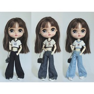 DLBell Round Neck Tight Shirts Crop Tops Short Sleeve T-shirt and Wide Leg Jeans Streetwear for Blythe Azone OB24 Doll Clothes