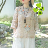 CNY 2024 Chinese New Year Cheongsam Collar Blouse Linen Plus Size Loose Long Sleeve Lady Shirt