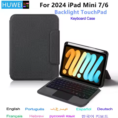 HUWEI Backlight Keyboard for iPad Mini 7 Case Mini 2024 A17 Pro 8.3 inch Folio Cover Smart Keyboard 