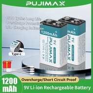 PUJIMAX 9V USB Rechargeable Battery 1200mAh Type-C Li-ion Rechargeable 6F22 Square Battery for Multi