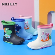 Michley รองเท้าบูทกันฝนกันน้ำสำหรับเด็กนักเรียนประถม,รองเท้าบูทกันฝนลายการ์ตูนกันน้ำขนาดกลาง