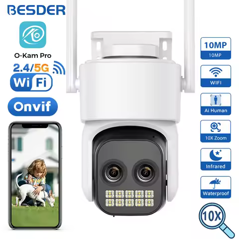 BESDER 10MP WiFi Camera PTZ Outdoor Dual Len Human Detection 8X Digital Zoom Two-Way Audio 5MP CCTV 