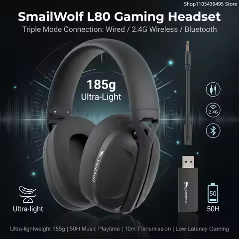 SmailWolf L80 Tri-Mode Gaming Headset BT 2.4G Wired 50H Playtime 185g±10g Black White Over Ear Headp