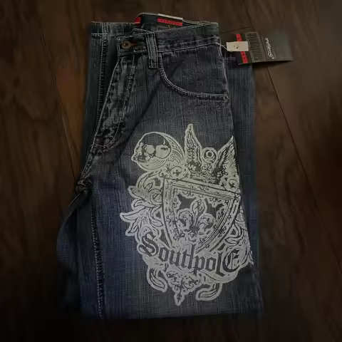 Y2K Southpole Gothic Skull Eagle Print Jeans Unisex Vintage Distressed Wide Leg Denim Pants American