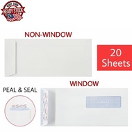 4 1/2" x 9 1/2" Peal & Seal White Envelope 20 Sheets 4½" x 9½" Window / Non Window Envelopes / Sampu