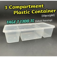 TAGE T1300TC 3 Compartment Plastic Container Disposable Lunch Box with Lid (50pcs) Food Box