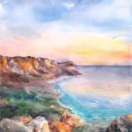 Seascape with sunset artwork hand painted Watercolor painting on paper