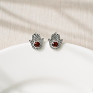 Ar-Kang Collection (AKE2440) ต่างหูเงินแท้ สายมู Hamsa Lucky Hand ประดับพลอยแท้ Garnet ล้อม White CZ