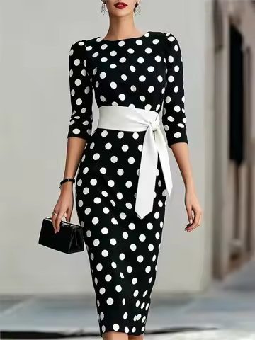 Fashion New Polk Dot Printed Slim Lace-up Midi Dresses Summer Elegant 3/4 Sleeve Round Neck Holiday 