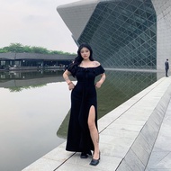 Xin Dali Bside Heart-Pointed Dream Lucre สีดําเซ็กซี่เอวผูกชุดยาวผ้าฝ้ายไนลอนวัสดุเอวสูงกระโปรง body
