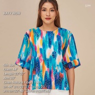 AT R3ue เสื้อคอกลม ผ้าลินินแท้ 100% อก 44" ยาว23"-27" เสื้อลินิน คอกลม แขน 3 ส่วน แต่งย่นหลัง แบรนด์