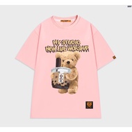 Áo thun tay lỡ form rộng nam nữ cotton 75 Gấu trà sữa 1097 HY KOREA