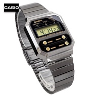 Velashop นาฬิกาข้อมือผู้ชายคาสิโอ ดิจิตอล Casio DIGITAL Vintage A100 series สายสแตนเลส รุ่น A100WEGG-1A2DF, A100WEGG-1A2, A100WEGG