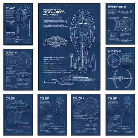 Vintage Star Trek Blueprints Posters HD Canvas Prints Paintings Retro Wall Art Pictures for Living R