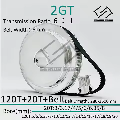2GT GT2 20Teeth 120Teeth GT2 120T 20T Timing Belt Pulley Set Belt Width 6mm Bore 3~25mm 6:1 Wheel Sy