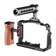 Aluminum Alloy Camera Cage Kit with Video Rig Top Handle Wooden Grip Replacement for A7R III/ A7 II/