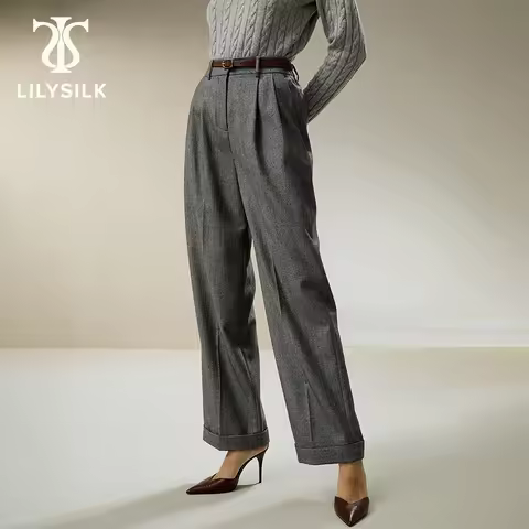 LILYSILK Women's Wool Pants Ladies Pocket Design Plaid Wide Trousers Classic Style for Casual and Bu
