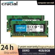 Crucial DDR3 4GB 8GB แรมโน้ตบุค1066Mhz 1333Mhz 1600Mhz 1866Mhz PC3-8500 10600 12800 14900 DDR3L 204Pin โน้ตบุ๊ค1.5V SODIMM