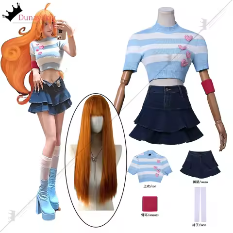 Bloom Cosplay Cartoon Fairy Anime Costume Blue Striated Sweater Vintage Denim Mini Skirts Women Suit