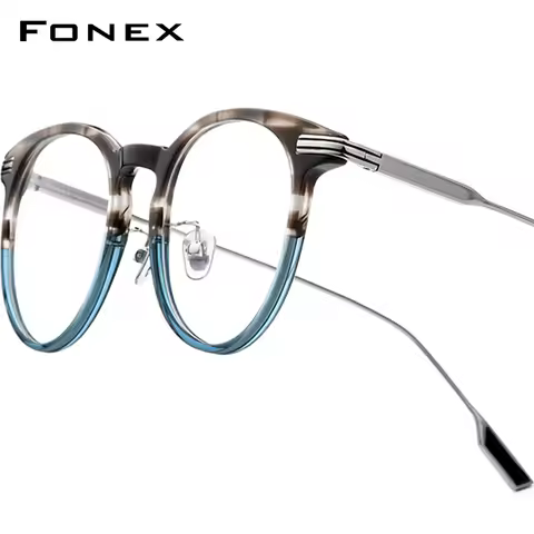 FONEX Acetate Titanium Glasses Frame Women New Brand Design Vintage Retro Round Eyeglasses Men Spect