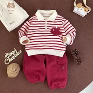 COCANDY Boys Set - RED Ao Dai with beige plaid chest and faux pocket flap and 2-button waistband pan