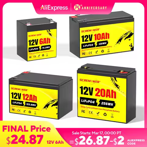 12V LiFePO4 Battery 6Ah 10Ah 12Ah 20Ah 4000+ Cycles Rechargeable Batteries Lithium Battery Built-in 