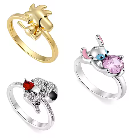 Original 925 Sterling Silver Miniso Disney Snoopy Crown Rings Sparking Zirconium Unique Anniversary 