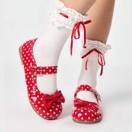 Women Shoes Red Loafers Closed Toes Mary Jane Small Leather Shoes Bow Lace Lolita Shoes Ballet Dance