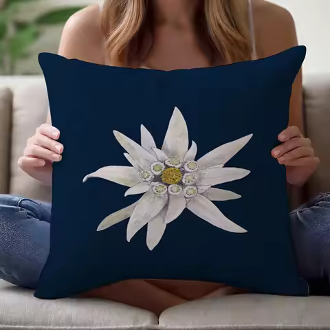 Edelweiss Flower Pillow Cover, White Alpine Bloom Design Cushion Case for Living Room Bedroom Home D