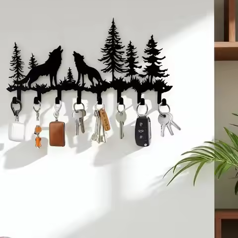 Rustic Mountain Key Holder: Metal Wolf & Forest Wall Organizer