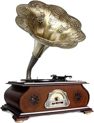 Vinyl turntable Retro gramophone loudspeaker record player with built-in speaker 33/45/78 speed Wireless Bluetooth playback Audio output USB AM/FM radio Home decoration Brown