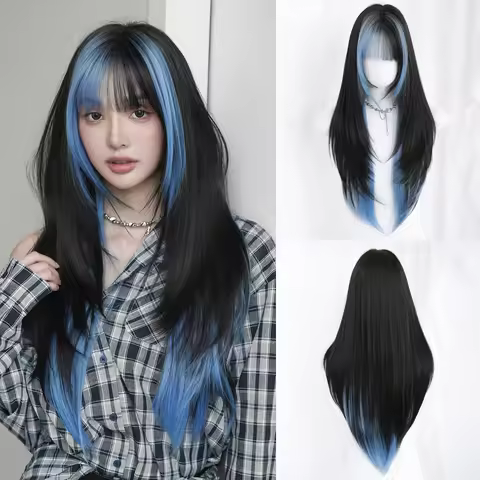7JHH WIGS Long Straight Layered Black Highlight Blue Wig for Women Synthetic Modest Fashion Wear and