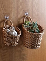 件塑膠編織籃用於生薑和大蒜儲存廚房收納容器復古風格懸掛或便攜式手柄裝飾花籃