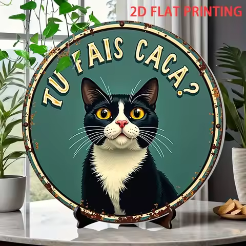 2D Flat, 1pc Funny French "TU FAIS CACA?" Cat Decor - Vintage Teal Retro Poster - Pre-Drilled Holes 