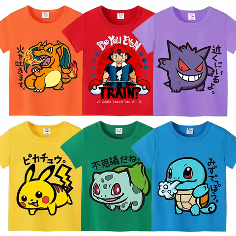 Pokemon Children T-shirt Summer Short Sleeve Pikachu Bulbasaur Kawaii Figures Anime Tee Trendy Cotto