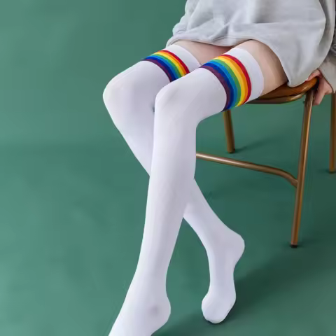 Womens Thigh High Stocking Rainbow Striped Ladies Girls Black White Long Winter Over Above Knee Sock