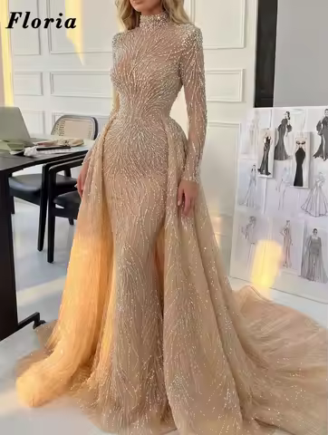Glamorous Champagne Long Sleeves Prom Dresses With Overskirt Muslim Dubai Glitter Beaded Cocktail Ev