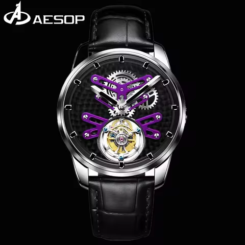 AESOP 43mm Luxury Flying Tourbillon Watch for Men Skeleton Military Sports Watches Hollow Mechanical