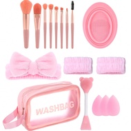 17Pcs Makeup Brush Tool Set, 8 Makeup Brushes, 1 Cleaning Bowl, 1 Bow Cleaning Hairband, 2 Face Wash