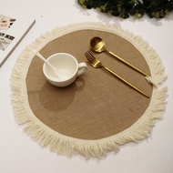 Primary Color Coarse Linen Tassel Round Placemat Wear-Resistant Washable Fabric Heat Insulation Pad 