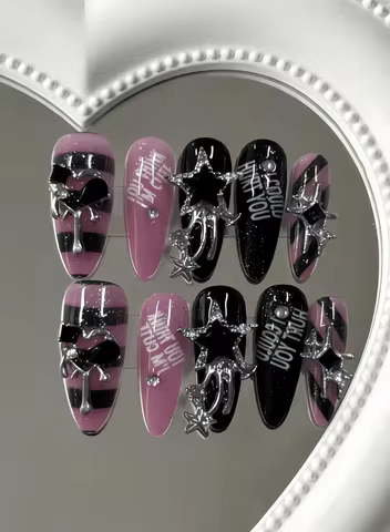 10 Pieces of Almond-Shaped Medium-Length Black and Pink Sweet-Cool Wearable Nails, Y2K Hot Girl Styl