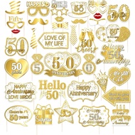 36Pcs 50th Wedding Anniversary Photo Booth Props, White Gold Decorations, Happy 50th Anniversary Pro