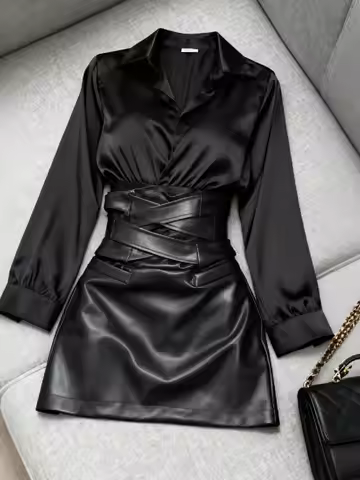 Shirts & Blouses Black Leather Skirt Bandage Waist High Dark Academia Punk Gothic Gyaru Acubi Alt Gr