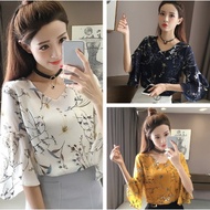 Women Floral Print Chiffon Blouse Ladies Flare sleeve Causal Top