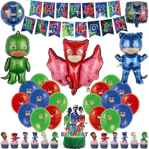 PJ Masks Balloons Happy Birthday Banner Cartoon Super Hero Ballons Tableware Background Cake Topper 