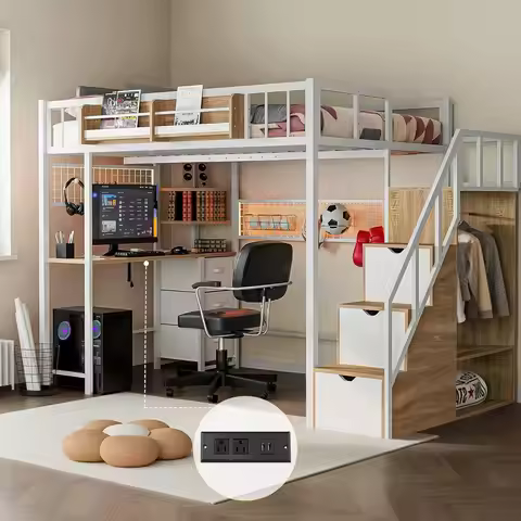 Twin Loft Bed Desk Storage Stairs Wardrobe Metal Frame Shelf Charging Station 6 Drawers LED Gaming S