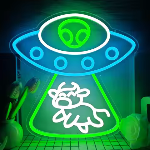 Alien UFO Neon Sign Dimmable LED Neon Light USB Powered for Bedroom Man Cave Alien Spaceship Cow Wal