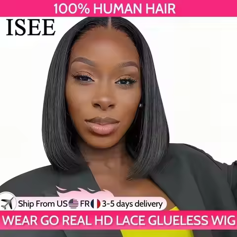 ISEE HAIR Wear And Go Glueless Human Hair Wig Bob HD Lace Straight Short Bob 7x5 Lace Frontal Pre Pl
