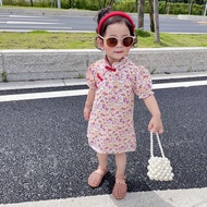 Girls' Cheongsam Skirt 2023 New Summer Dress Little Girl's Summer Hanfu Tang Suit Children's Western Style Floral Dress Children's Cute Chinese Style Cheongsam Princess Dress